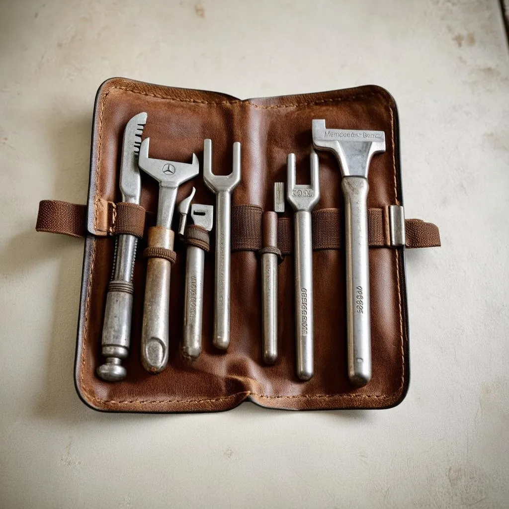 vintage tool roll in a leather pouch